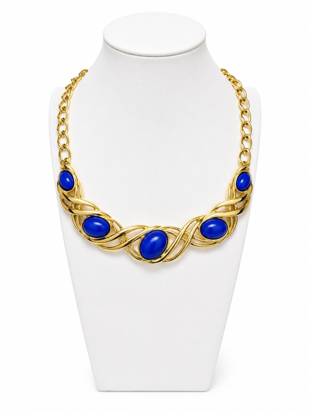 Vintage Signed Monet Blue Cabochon Gold Tone Statement‎ Necklace